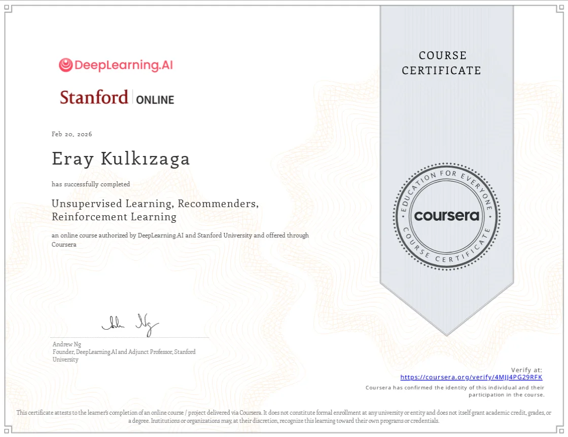 Unsupervised Learning, Recommenders, Reinforcement Learning certificate