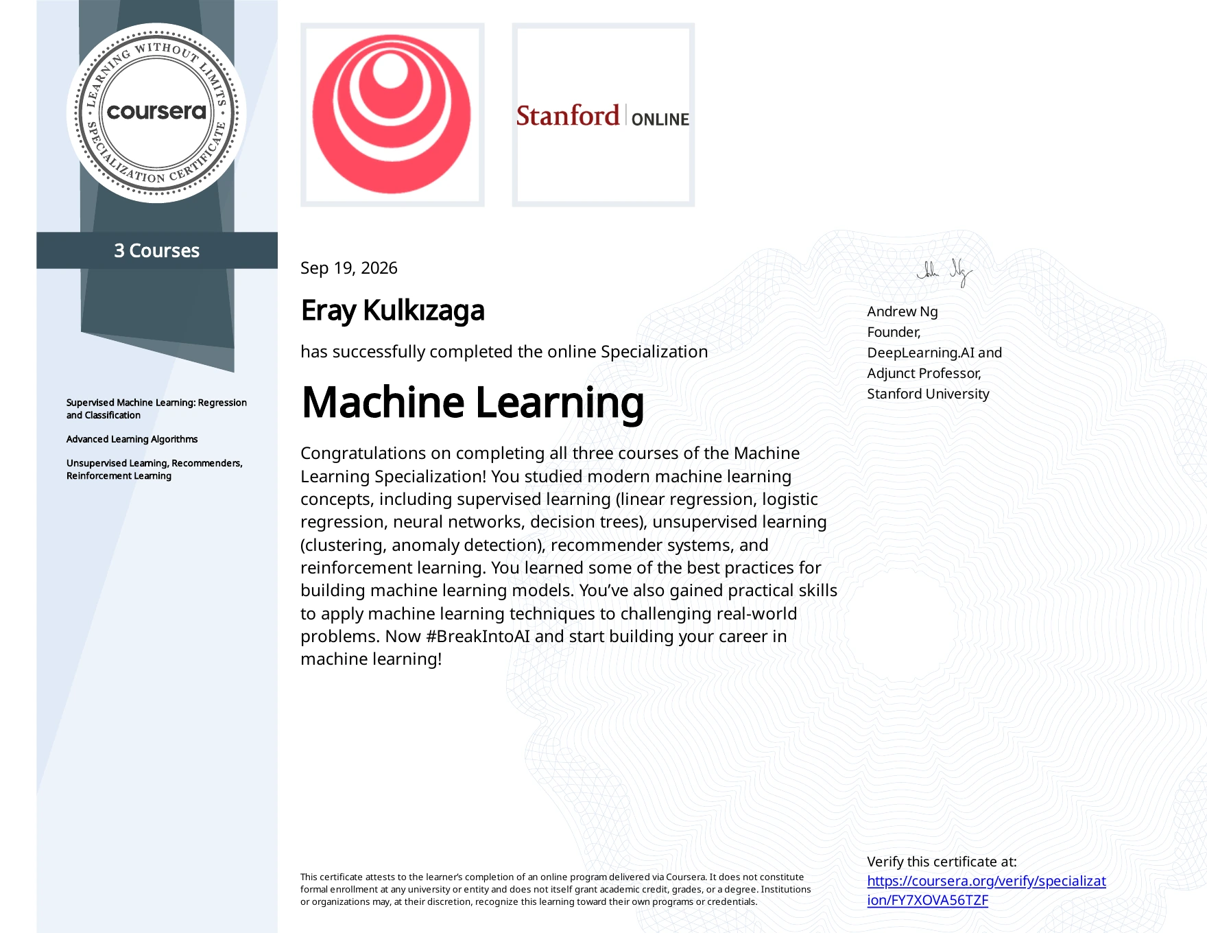 Machine Learning Specialization completion certificate