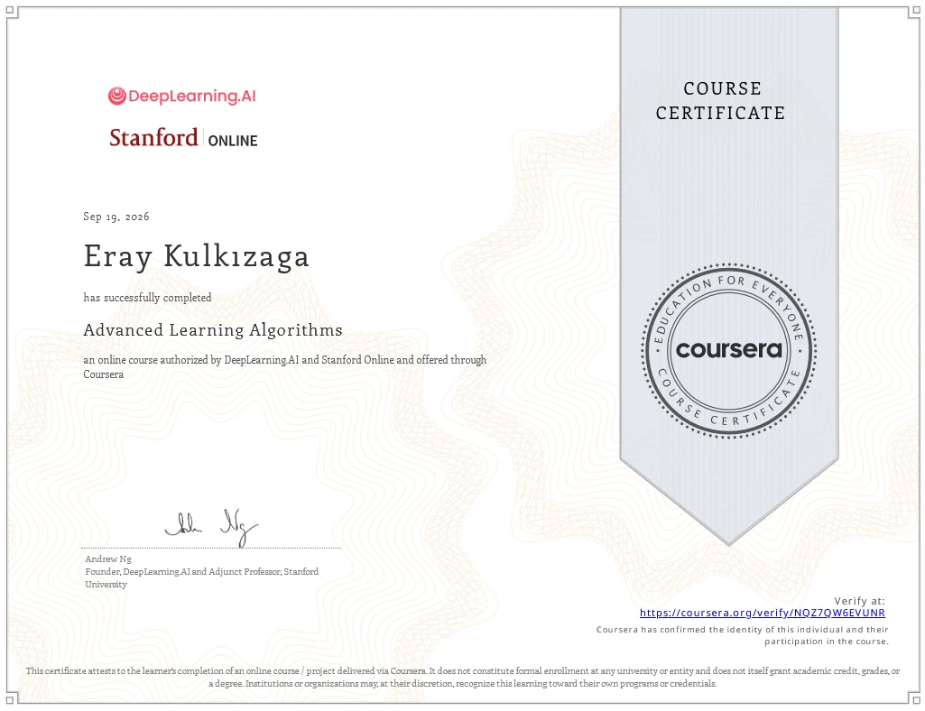 Advanced Learning Algorithms certificate
